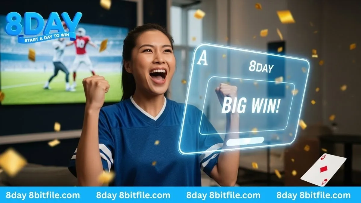 Nữ cổ động viên xinh đẹp ăn mừng chiến thắng cược thể thao tại 8DAY với mưa vàng và lá bài.