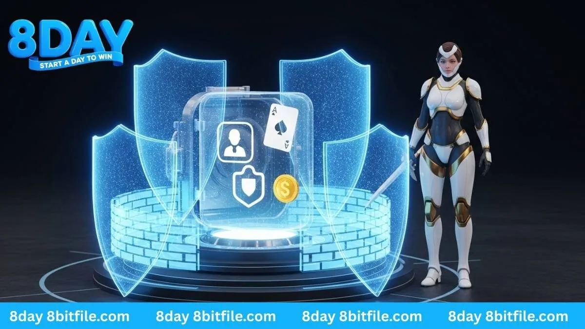 Hệ thống bảo mật dữ liệu của 8DAY với nhiều lớp khiên bảo vệ thông tin cá nhân, tiền vàng và lá bài của người chơi.