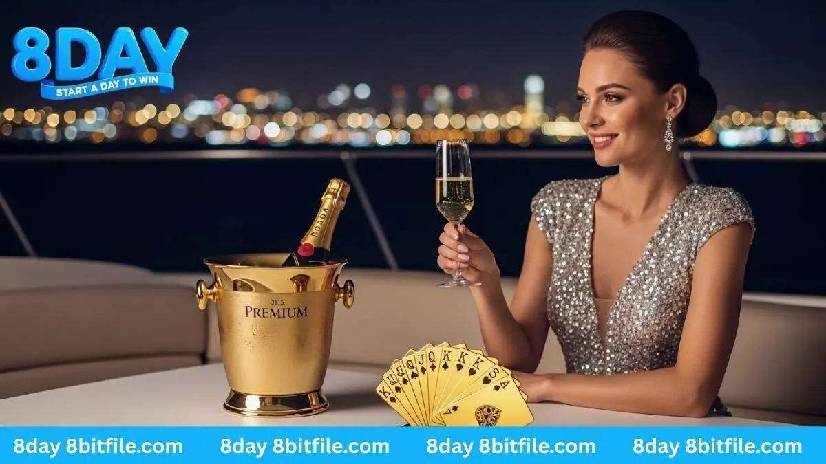 Bữa tiệc thượng lưu trên du thuyền của 8DAY với cô gái xinh đẹp, rượu sâm banh vàng và lá bài.