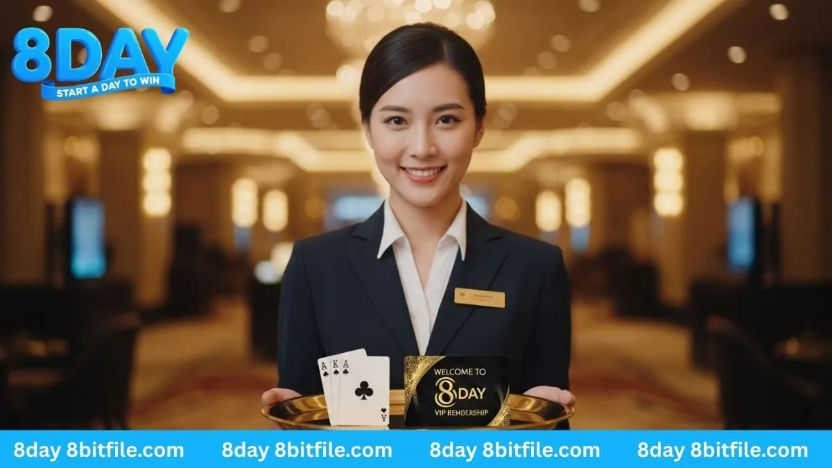 Nhân viên 8DAY xinh đẹp trao thẻ thành viên vàng chào mừng người chơi mới đăng ký