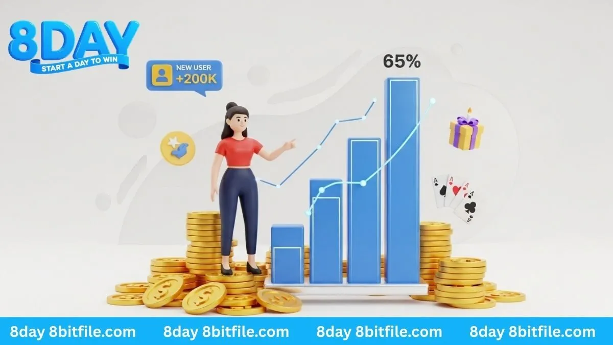 Sơ đồ 3D minh họa chính sách hoa hồng đại lý 8DAY lên đến 65% với nhân vật game và tiền vàng