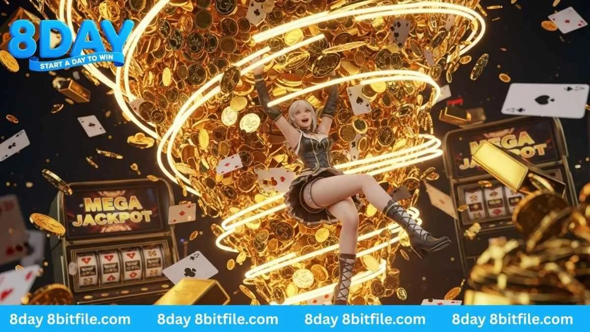 Nhân vật game 8DAY ăn mừng trong cơn lốc xoáy jackpot của game Megawin với tiền vàng và lá bài.