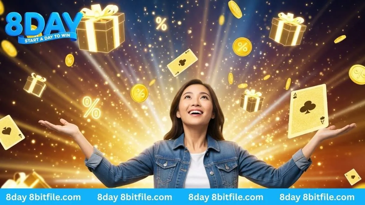 Cô gái vui mừng đón nhận cơn mưa khuyến mãi 8DAY với hộp quà, tiền vàng và lá bài
