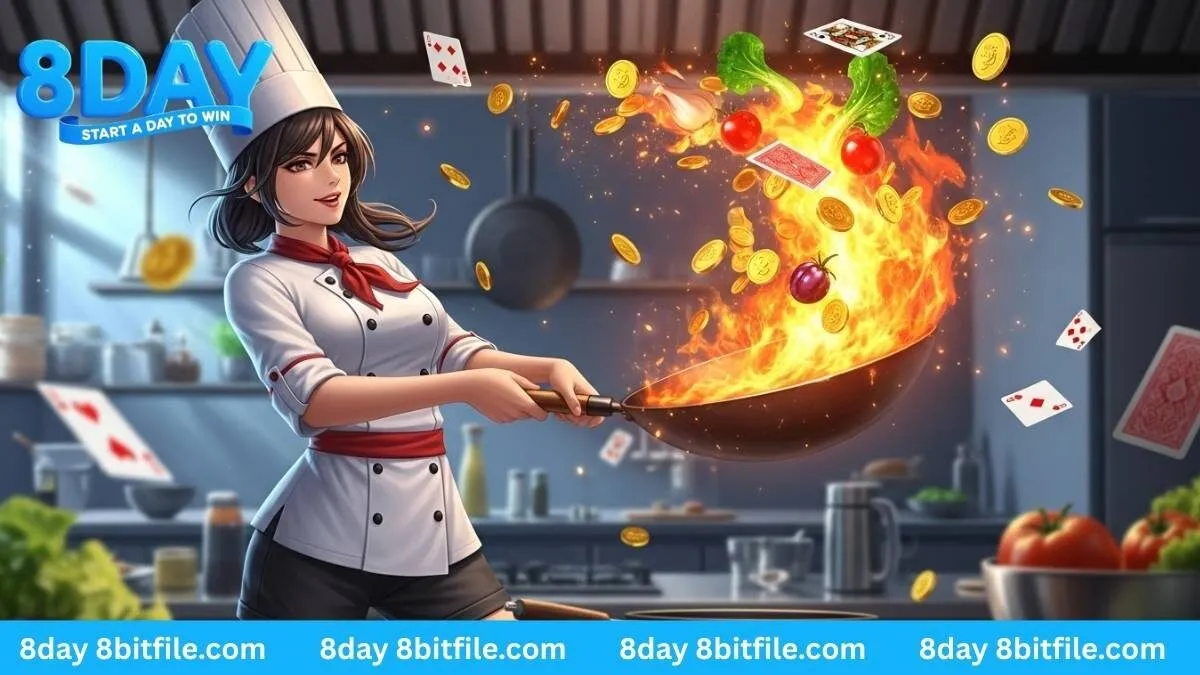 Nữ đầu bếp trong game Nổ Hũ CG 8DAY nấu ra tiền vàng và lá bài từ chiếc chảo lửa