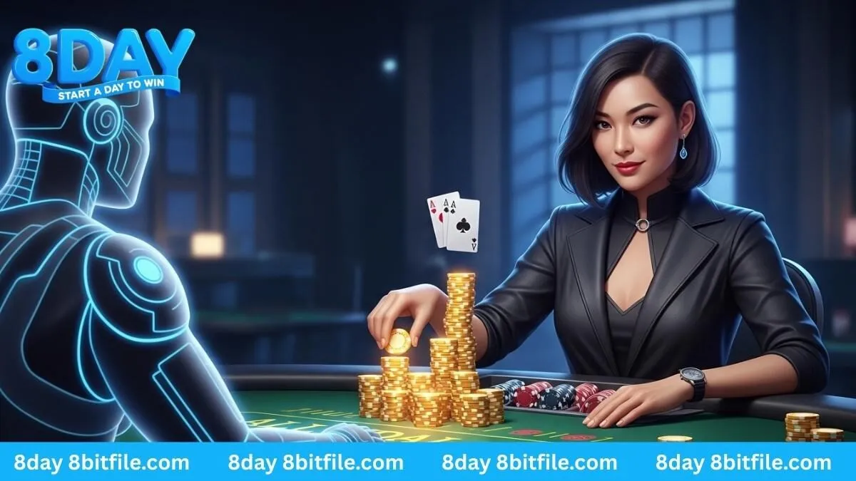 Nữ cao thủ 8DAY đấu trí trong vòng bonus của game Nổ Hũ PlayAce Vua Bài Poker với chip vàng và lá bài Át.