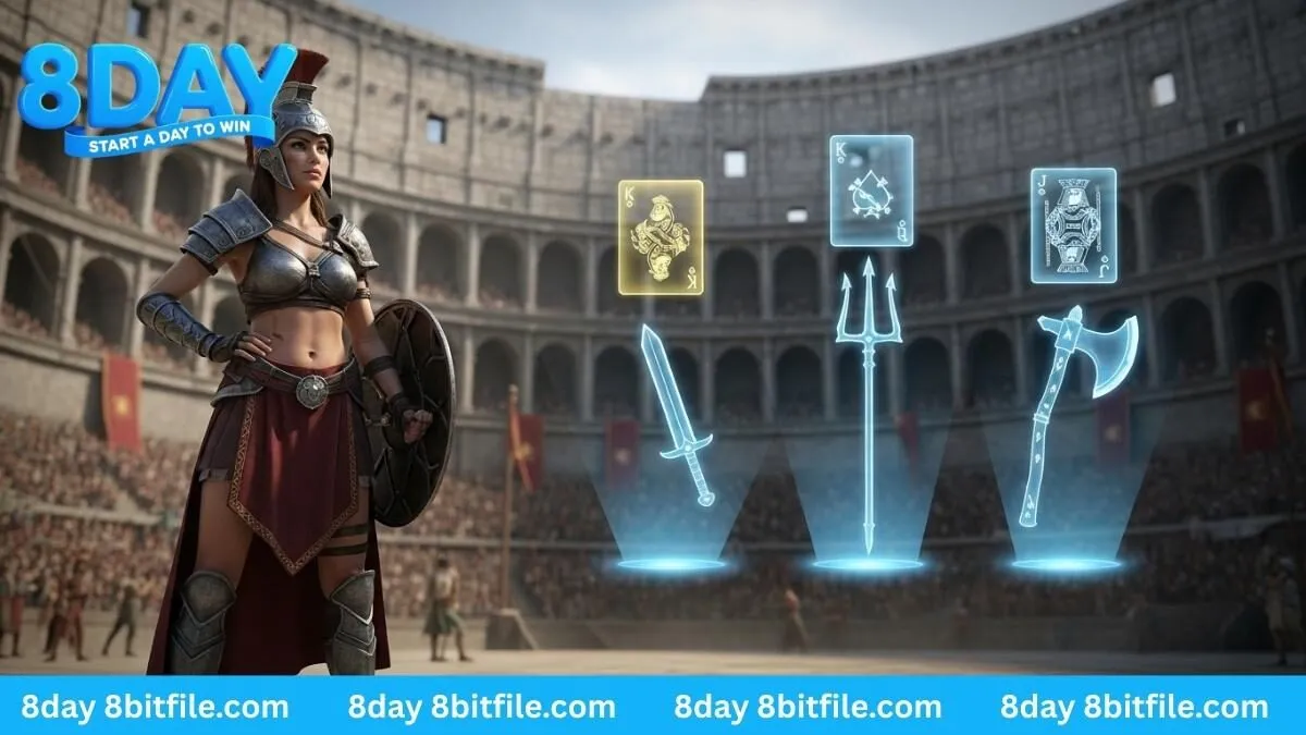 Nữ đấu sĩ La Mã lựa chọn vũ khí và lá bài thưởng trong game Nổ Hũ PlayAce tại 8DAY