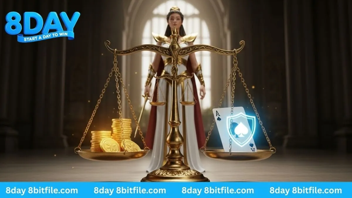 Cán cân công lý vàng của 8DAY, biểu tượng cho sự công bằng trong điều khoản với tiền vàng, lá bài và khiên bảo mật