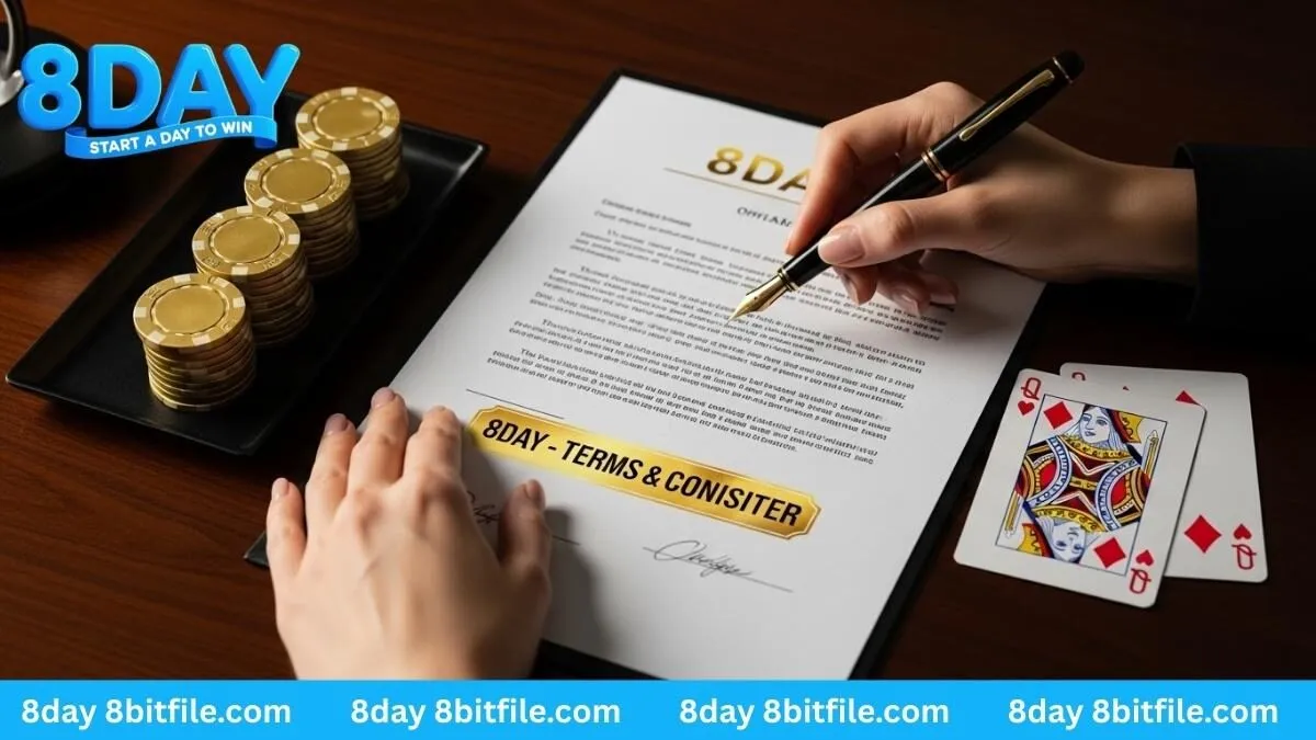 Người chơi đang ký vào văn bản điều khoản và điều kiện của 8DAY với bút vàng và các vật phẩm casino