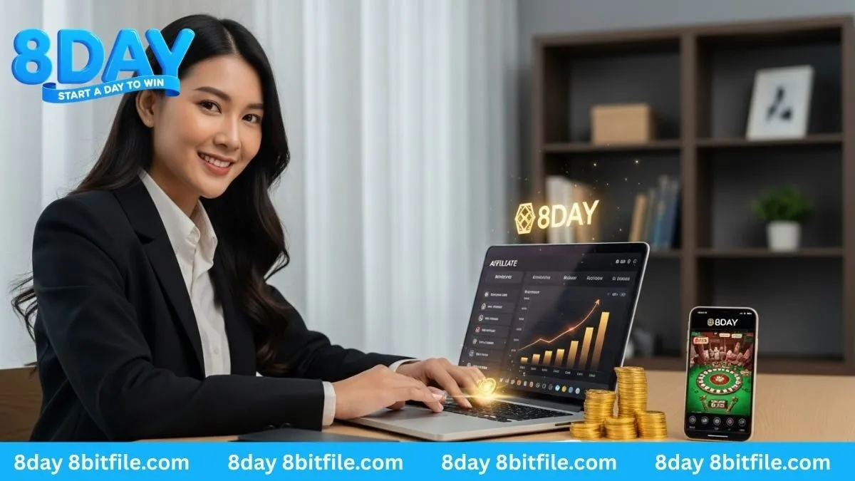 Đối tác đại lý 8DAY thành công đang làm việc với biểu đồ doanh thu và các vật phẩm casino bằng vàng
