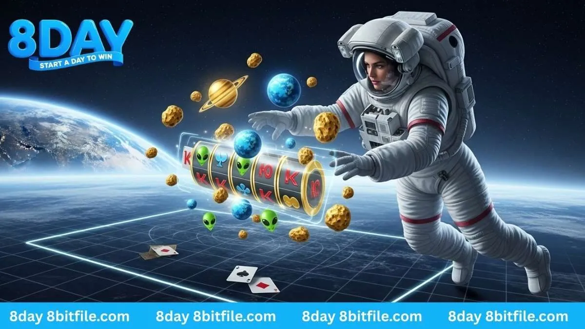 Nữ phi hành gia chơi game Nổ Hũ CG 8DAY với guồng quay không trọng lực chứa lá bài và vàng