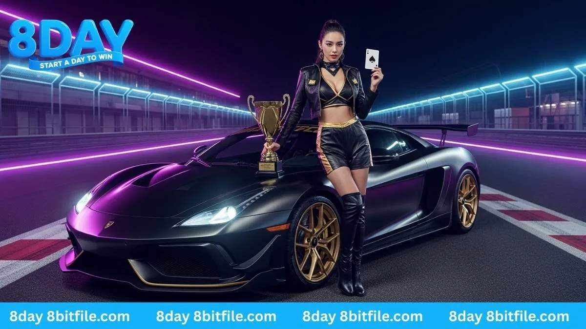 Người mẫu xinh đẹp bên siêu xe và cúp vàng trong game Nổ Hũ R88 8DAY.