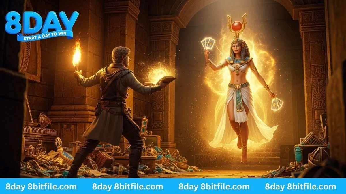Nhà thám hiểm Rich Wilde đối mặt nữ thần Ai Cập trong game Nổ Hũ Play'n GO Book of Dead tại 8DAY với kho báu vàng và lá bài.