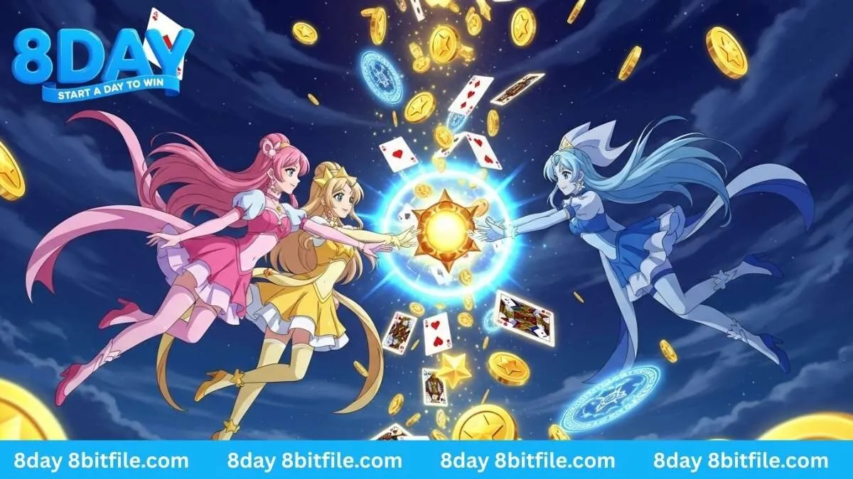 Ba nàng công chúa trong game Moon Princess của Play'n GO tại 8DAY tung chiêu thức tạo ra mưa vàng và lá bài.
