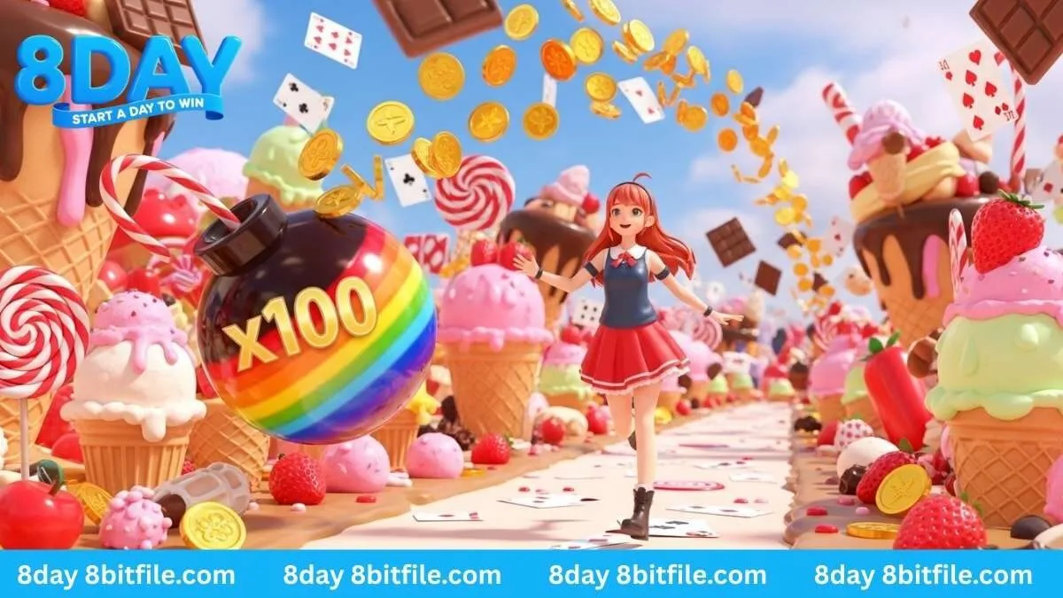 Nhân vật game trong thế giới kẹo ngọt Sweet Bonanza của Pragmatic Play 8DAY săn bom thưởng, vàng và lá bài.