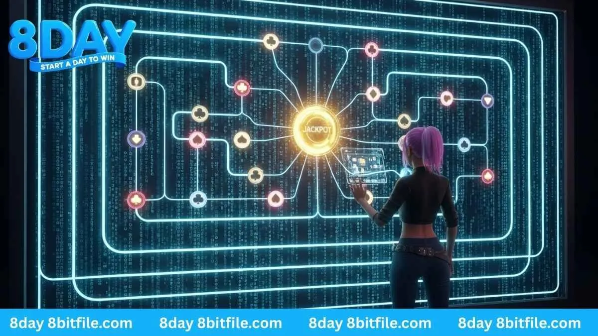 Nhân vật game 8DAY giải mã ma trận số trong game Nổ Hũ PlayAce để săn Jackpot vàng