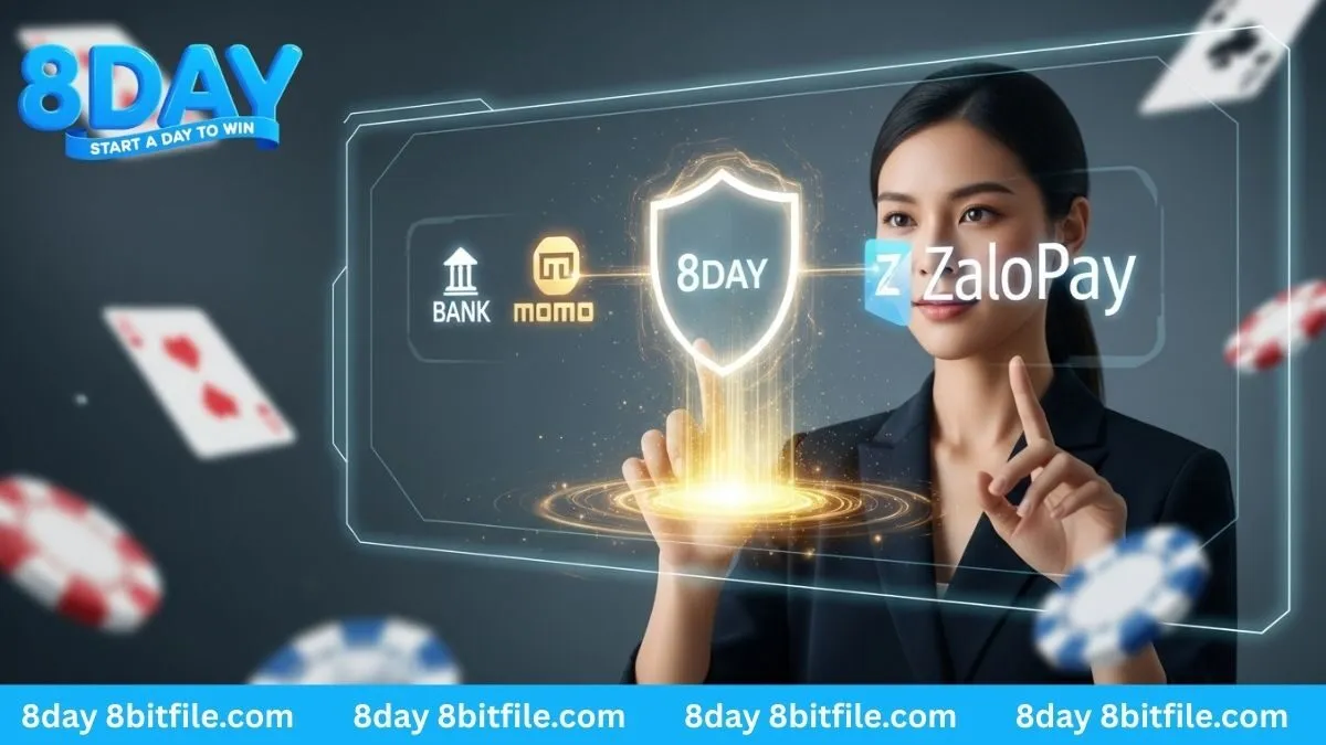 Cô gái đang thực hiện giao dịch nạp tiền 8DAY an toàn qua cổng thanh toán hiện đại với nhiều phương thức