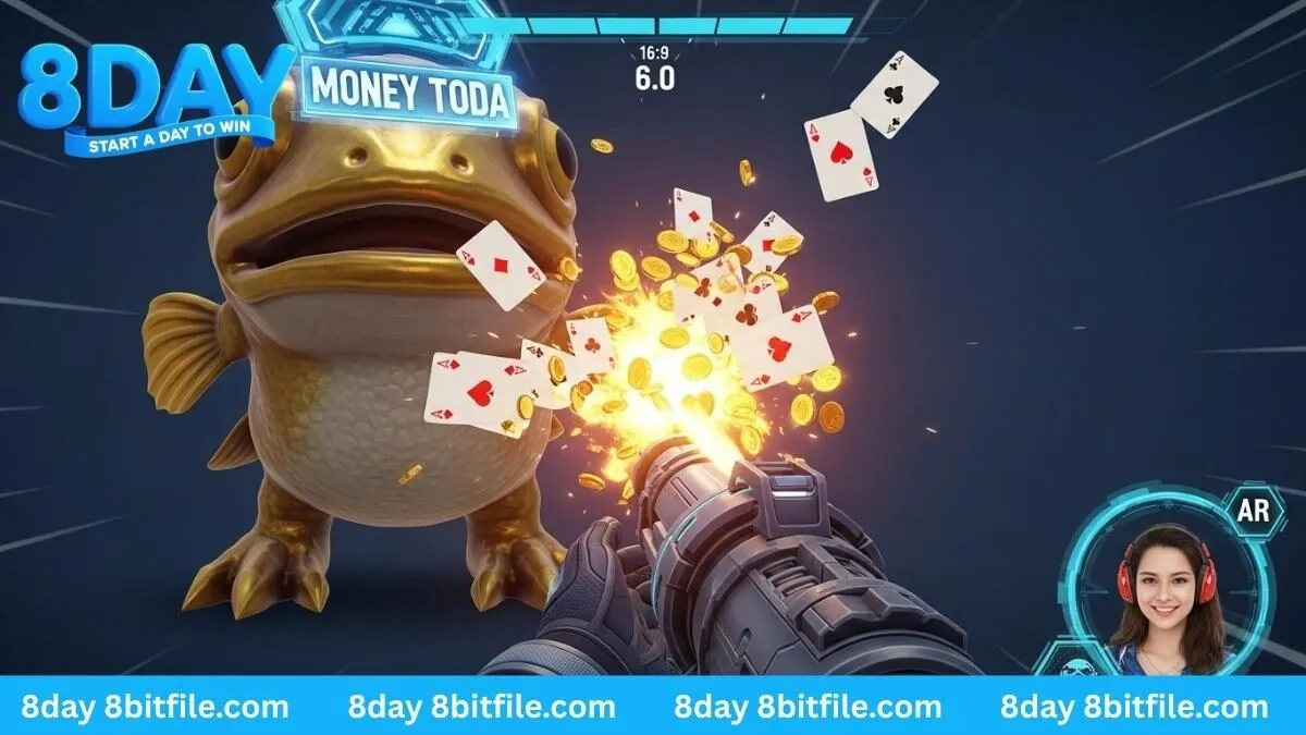 Giao diện game bắn cá 8DAY với người chơi đang dùng lá bài để bắn Cóc Thần Tài vàng.