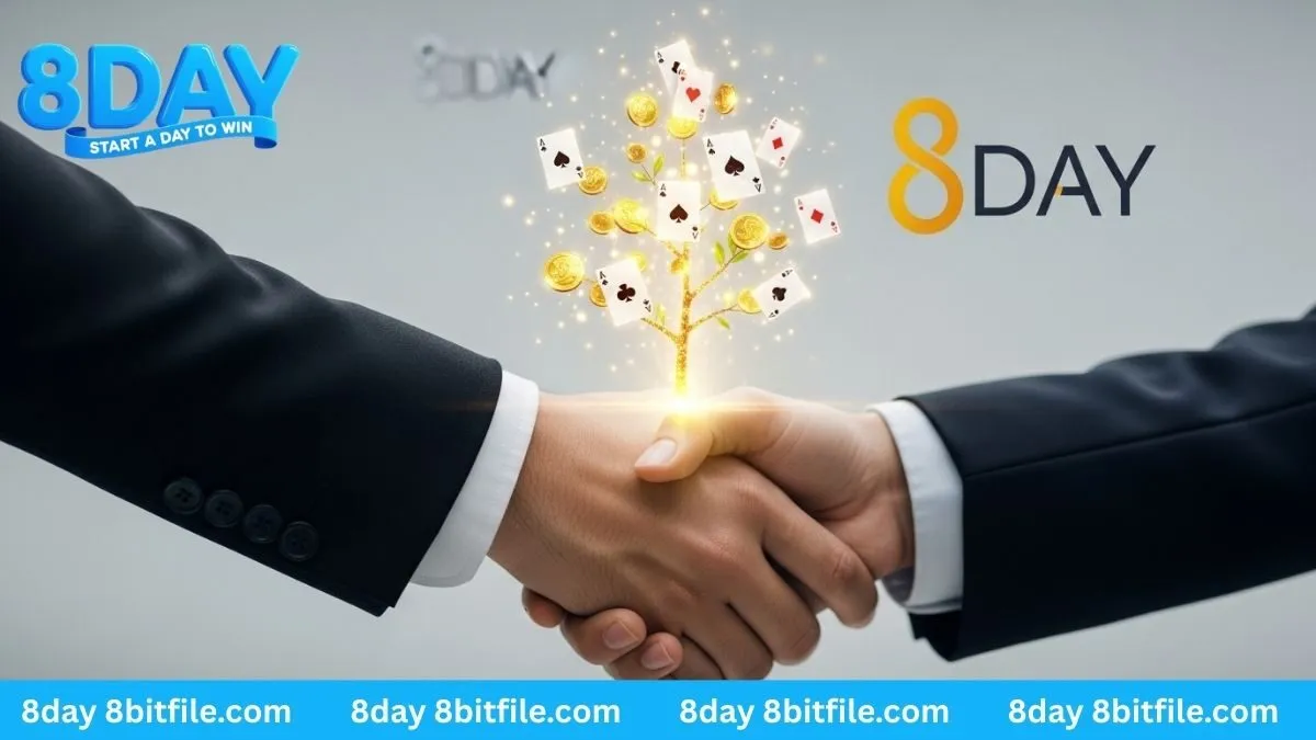 Biểu tượng hợp tác đại lý 8DAY với hình ảnh bắt tay và cây vàng tài lộc nảy mầm.