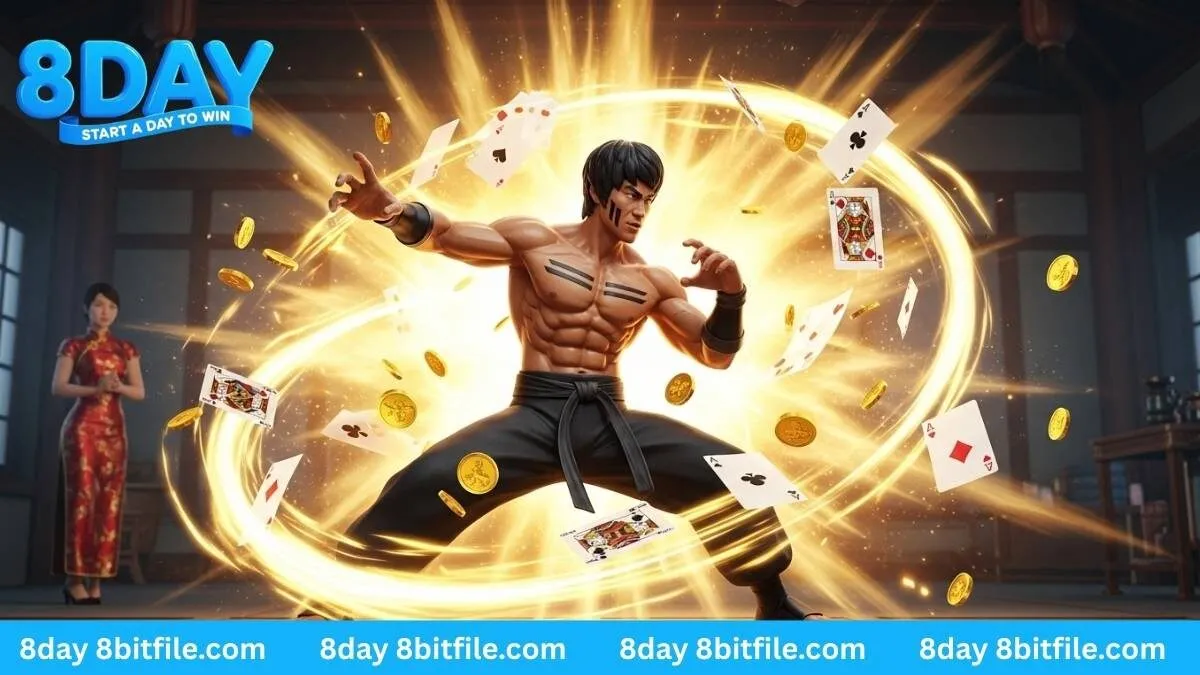 Nhân vật game Lý Tiểu Long trong game Nổ Hũ BBIN 8DAY tung chiêu thức tạo ra vàng và lá bài.
