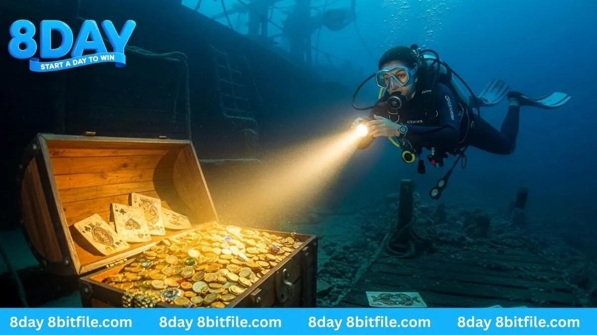 Nữ thợ lặn khám phá kho báu tàu đắm trong game Sea Gaming 8DAY với rương vàng và lá bài