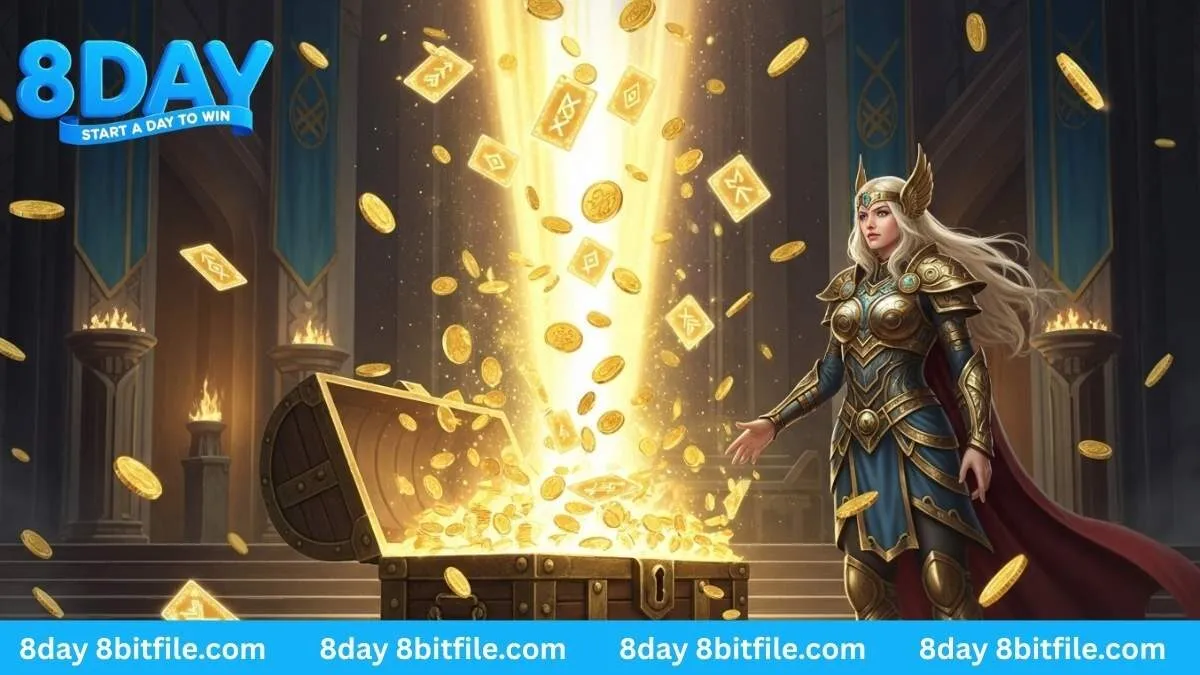 Nữ thần Asgard trong game Victory Ark 8DAY mở rương kho báu với tiền vàng và lá bài Rune