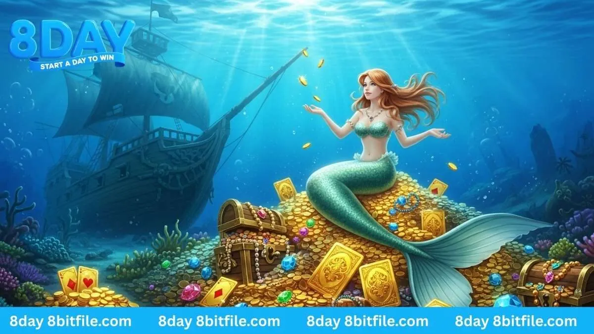 Nàng tiên cá 8DAY ngồi trên kho báu gồm tiền vàng và những lá bài vàng trong game bắn cá.