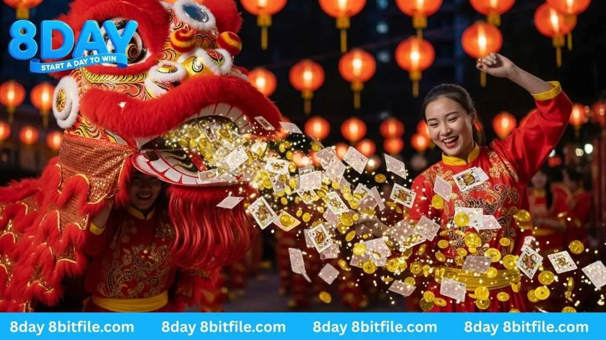 Múa lân trong game Fa Chai 8DAY nhả ra mưa tiền vàng và lá bài may mắn