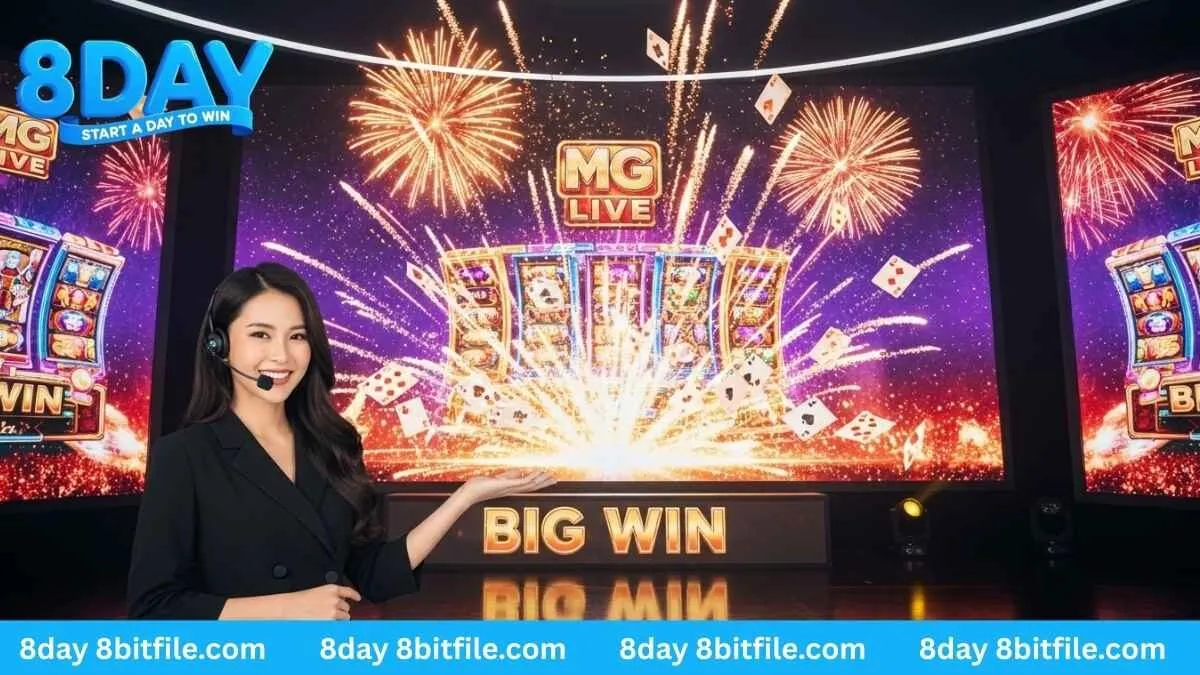 Nữ MC xinh đẹp của 8DAY đang dẫn chương trình Nổ Hũ MG Live với hiệu ứng vàng và lá bài bùng nổ