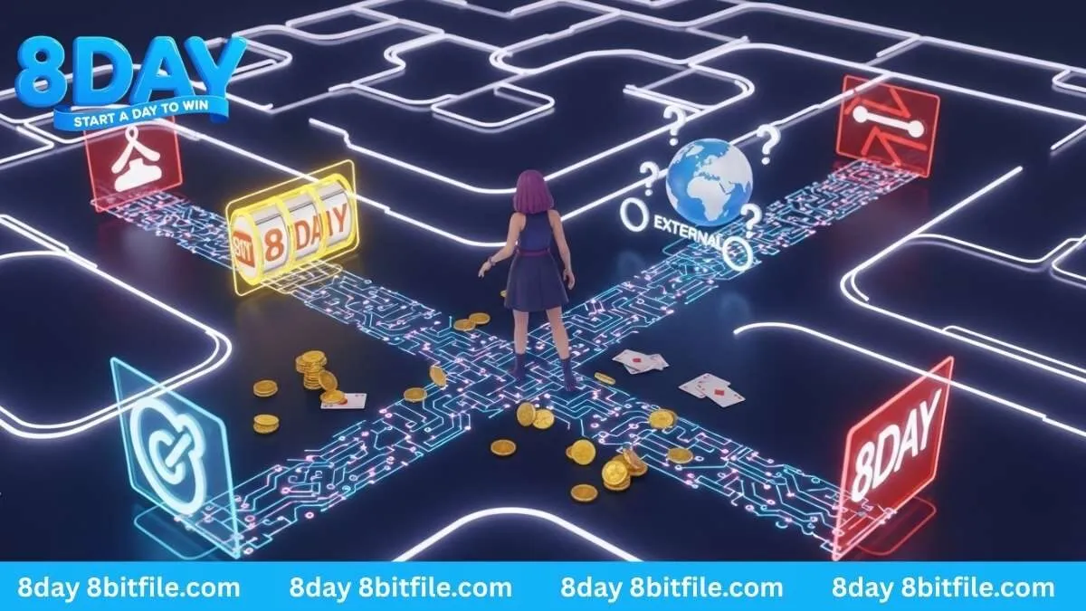 Nhân vật game 8DAY trong mê cung kỹ thuật số, minh họa cho các rủi ro về kỹ thuật và liên kết ngoài