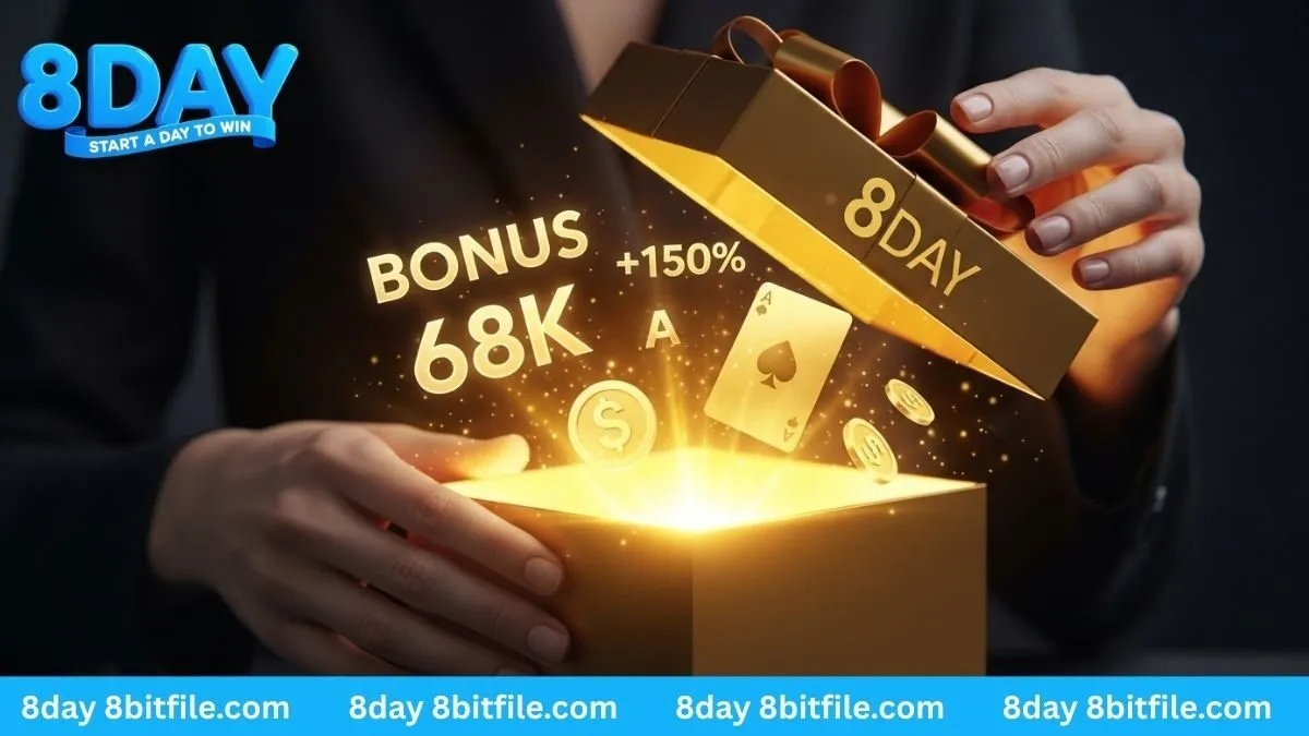 Mở hộp quà tân thủ 8DAY với tiền thưởng 68K, khuyến mãi 150%, tiền vàng và lá bài.