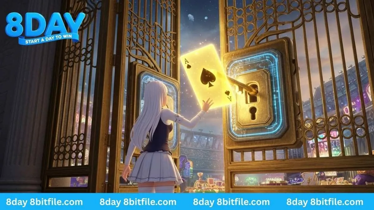 Nhân vật game 8DAY dùng lá bài vàng mở khóa cánh cổng vào thế giới giải trí