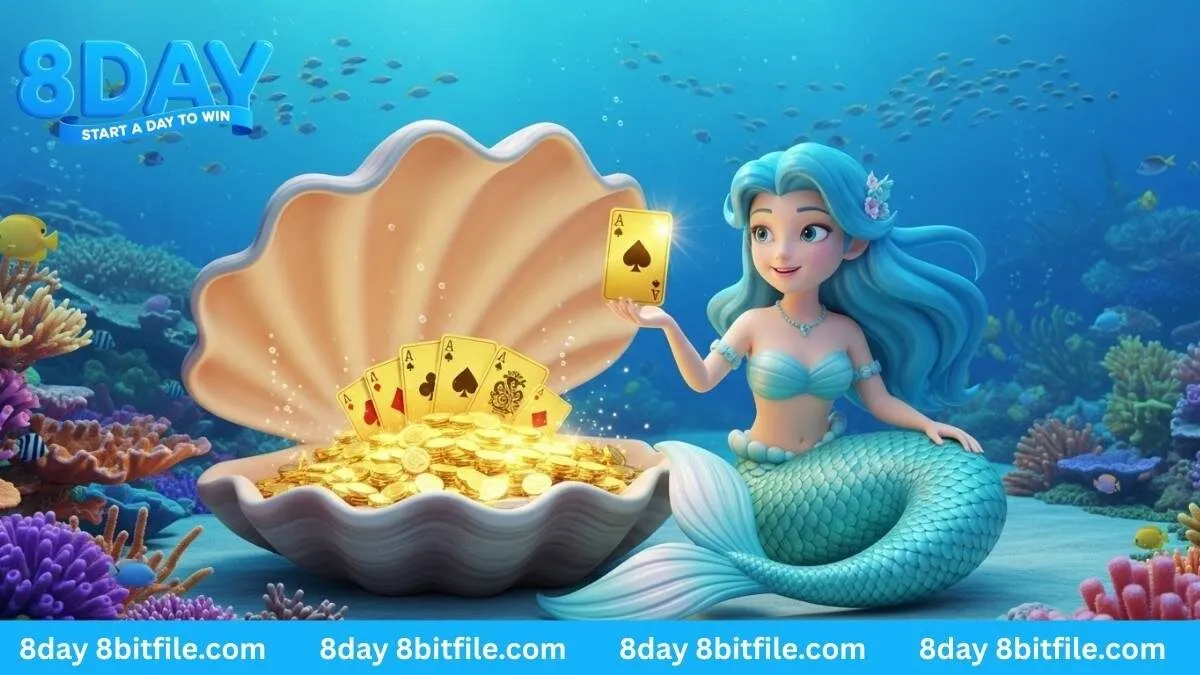 Nàng tiên cá trong game Sea Gaming 8DAY bên kho báu tiền vàng và lá bài trong vỏ sò.