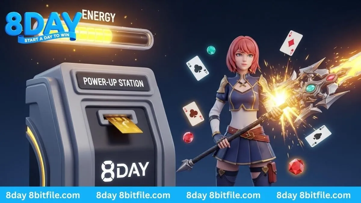 Nhân vật game nạp năng lượng bằng thẻ vàng tại trạm 8DAY để chuẩn bị chơi game