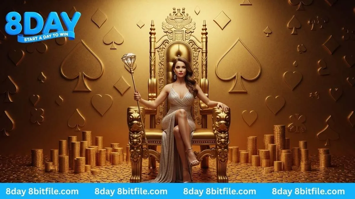 Nữ hoàng 8DAY ngồi trên ngai vàng làm từ vàng và lá bài, tượng trưng cho chiến thắng lớn tại game Megawin