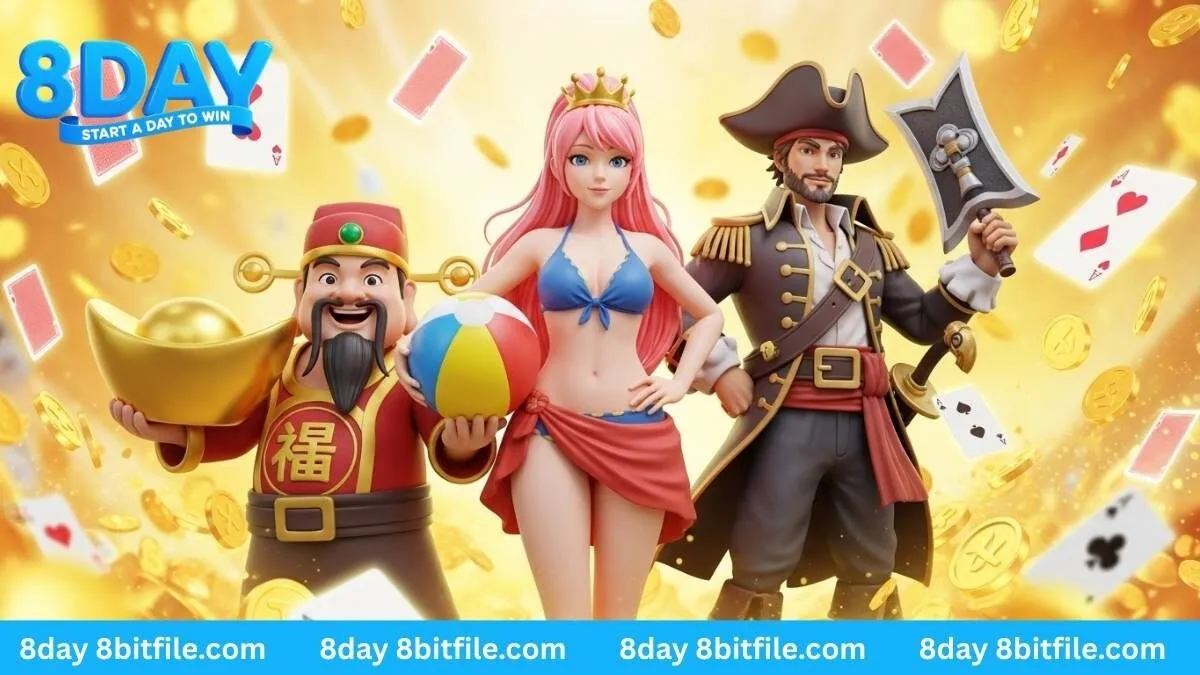 Các nhân vật game Nổ Hũ PlayStar tại 8DAY gồm Thần Tài, Nữ Hoàng Bikini và Hải tặc cùng kho báu vàng và lá bài.