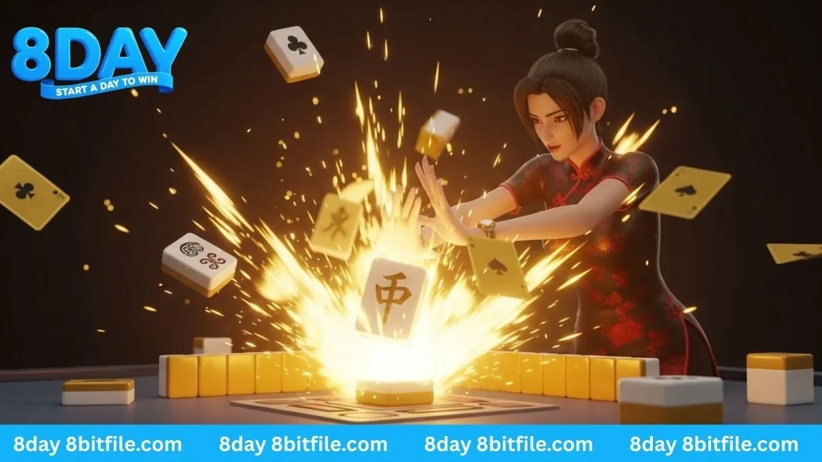 Nhân vật game Mahjong Ways của PG Soft tại 8DAY tạo ra vụ nổ vàng và lá bài.