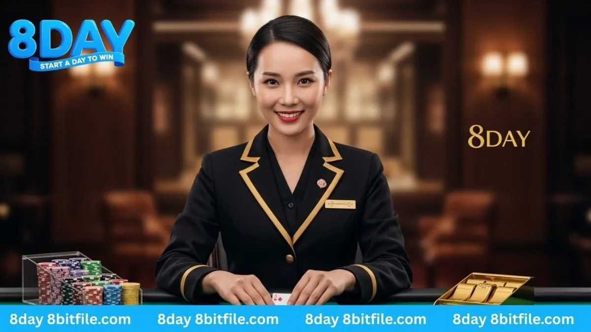 Nữ Dealer xinh đẹp và chuyên nghiệp của 8DAY đang chia bài Baccarat tại bàn cược casino trực tuyến.