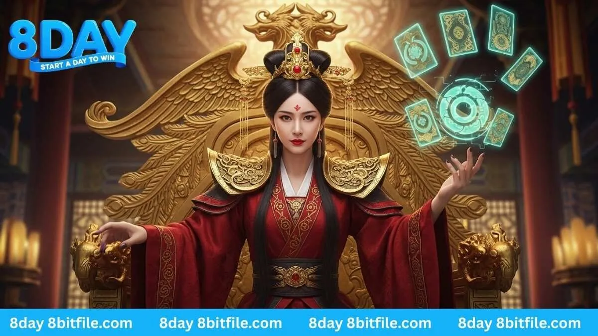 Nữ hoàng Võ Tắc Thiên trong game CQ9 8DAY điều khiển lá bài vàng trên ngai vàng