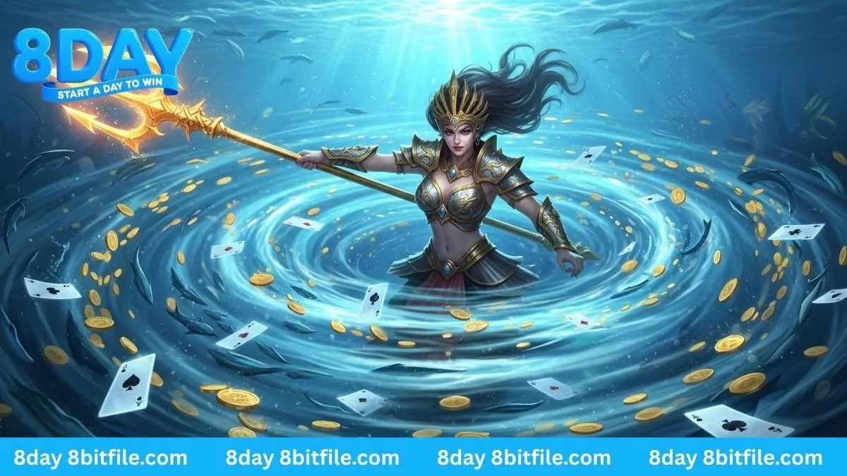Nữ thần biển 8DAY dùng đinh ba vàng tạo ra lốc xoáy tiền vàng và lá bài trong game Sea Gaming