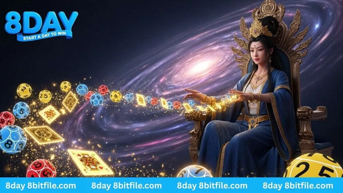 Nữ thần may mắn 8DAY đang điều khiển những con số lô đề, quả bóng lô tô và lá bài vàng.
