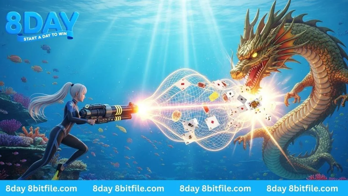 Nữ thợ săn 8DAY đang dùng súng lớn bắn boss Rồng Vàng trong game bắn cá đổi thưởng với lưới vàng và lá bài.