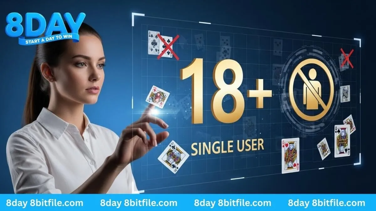 Các quy định trong điều khoản 8DAY được hiển thị trên giao diện hologram với biểu tượng 18+, tài khoản duy nhất và các lá bài