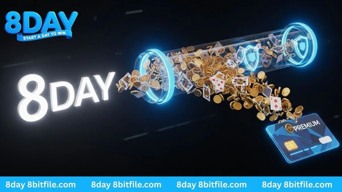 Quy trình rút tiền từ 8DAY về ngân hàng được bảo mật bằng khiên và dòng chảy tiền vàng, lá bài