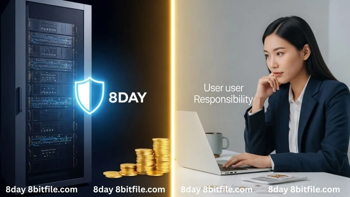 Ranh giới trách nhiệm giữa nhà cái 8DAY và người chơi được minh họa bằng hình ảnh không gian công nghệ và người dùng.