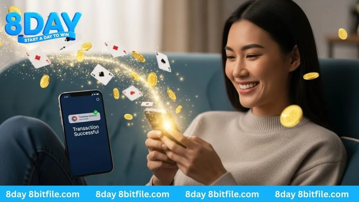 Cô gái vui mừng nhận được tiền thắng cược từ 8DAY với hiệu ứng tiền vàng và lá bài bay ra từ điện thoại.