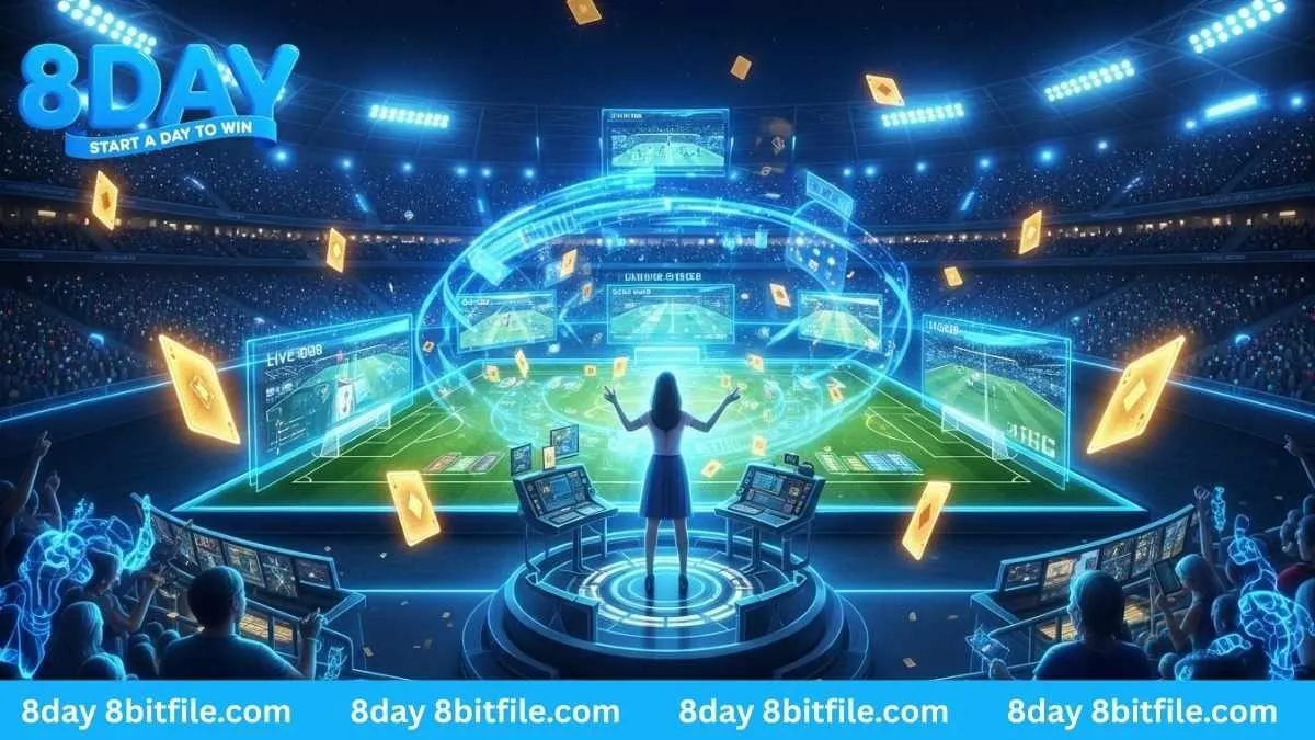 Sân vận động thể thao tương lai của 8DAY với cô gái điều hành các kèo cược, tiền vàng và lá bài.