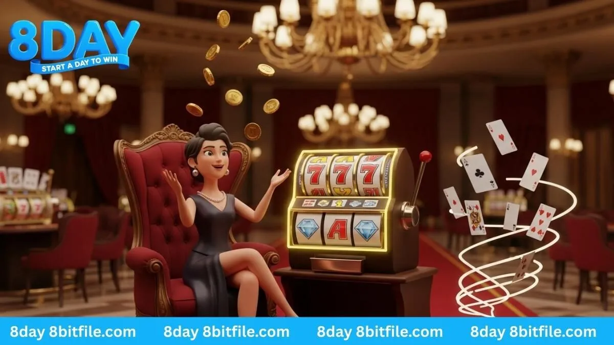 Nữ hoàng casino trong game R88 8DAY ăn mừng chiến thắng với tiền vàng và lá bài.