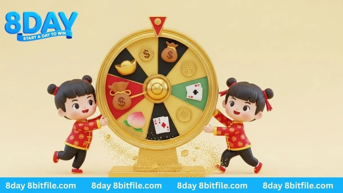 Cặp song sinh may mắn trong game Fa Chai 8DAY đang quay vòng quay tài lộc với vàng và lá bài