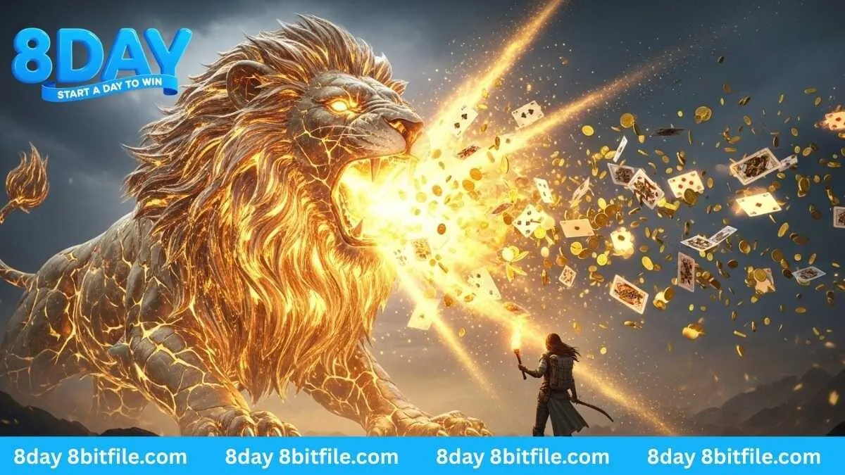 Nữ thám hiểm đối mặt với Sư Tử Vàng trong game Megawin 8DAY, với phần thưởng vàng và lá bài bùng nổ.