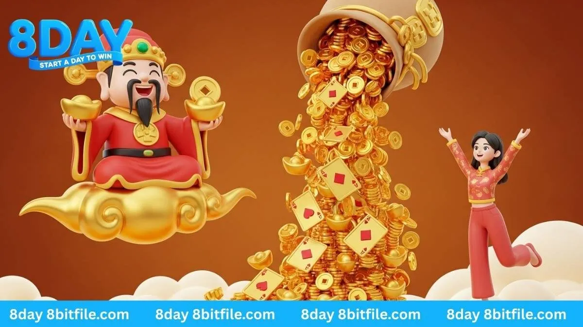 Thần Tài trong game Caishen Wins của PG Soft ban phát mưa vàng và lá bài cho người chơi 8DAY.